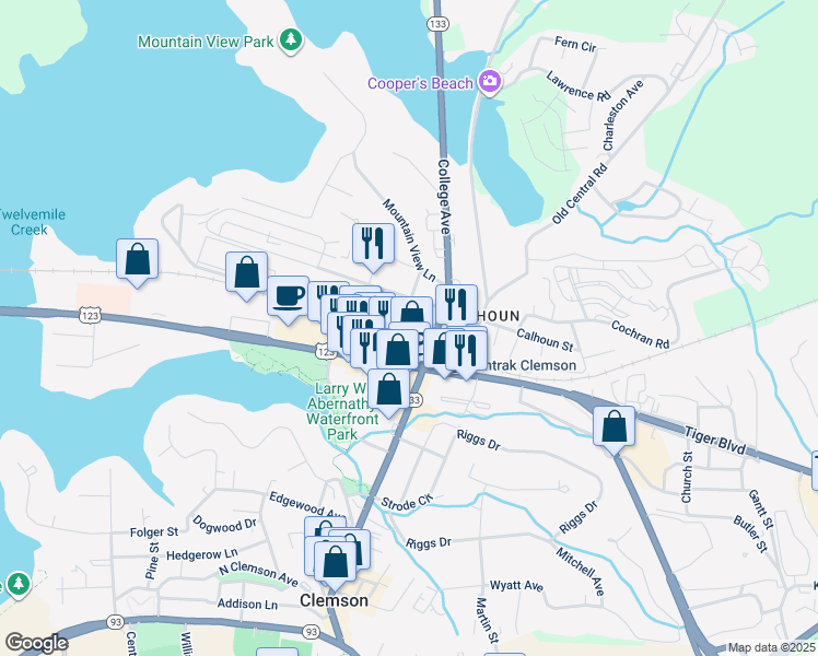 map of restaurants, bars, coffee shops, grocery stores, and more near 112 Elm Street in Clemson