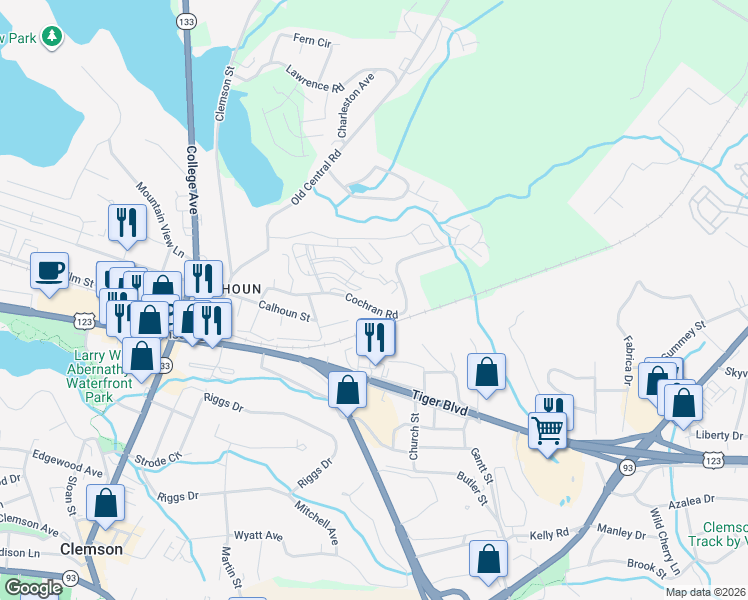 map of restaurants, bars, coffee shops, grocery stores, and more near 133 Cochran Road in Clemson