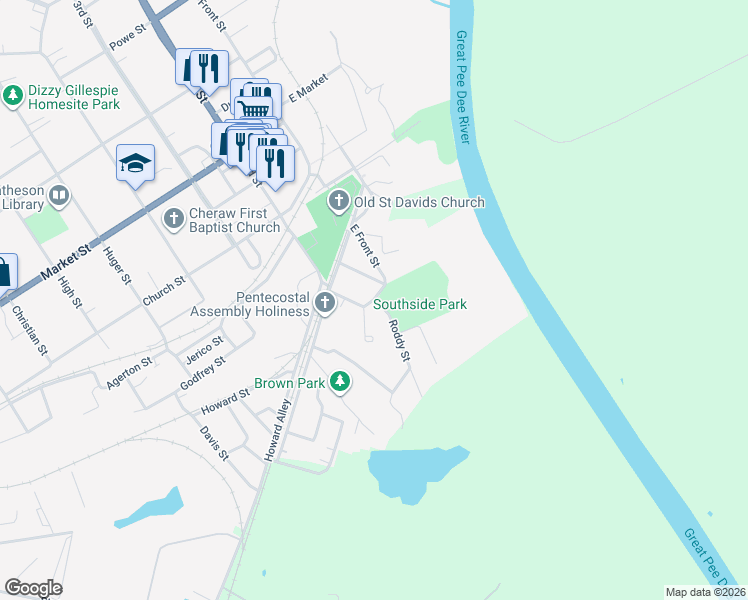 map of restaurants, bars, coffee shops, grocery stores, and more near 98 Roddy Street in Cheraw