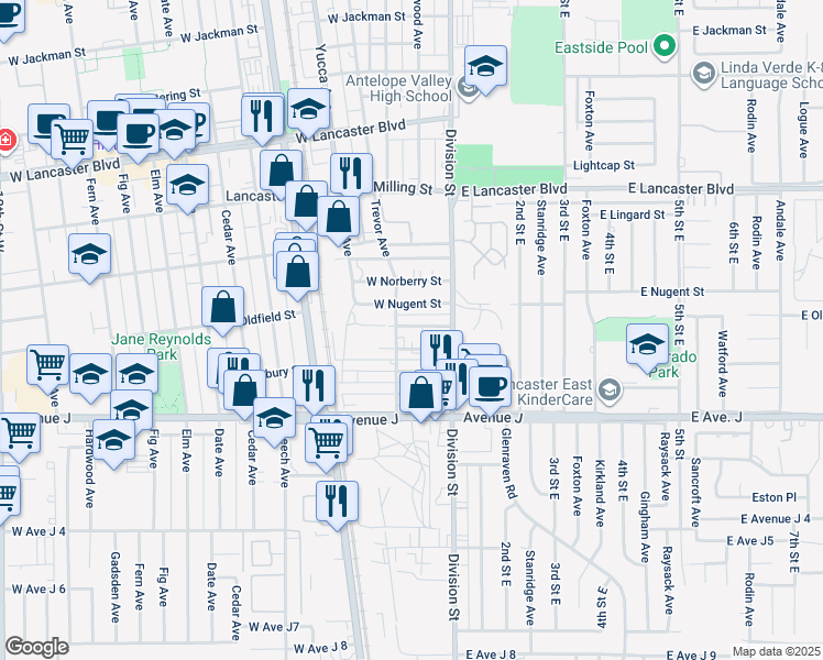 map of restaurants, bars, coffee shops, grocery stores, and more near in Lancaster