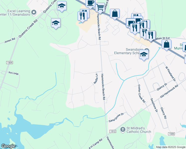 map of restaurants, bars, coffee shops, grocery stores, and more near 107 Cormorant Drive in Swansboro