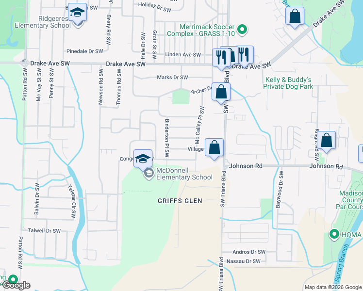 map of restaurants, bars, coffee shops, grocery stores, and more near 3305 Village Drive Southwest in Huntsville