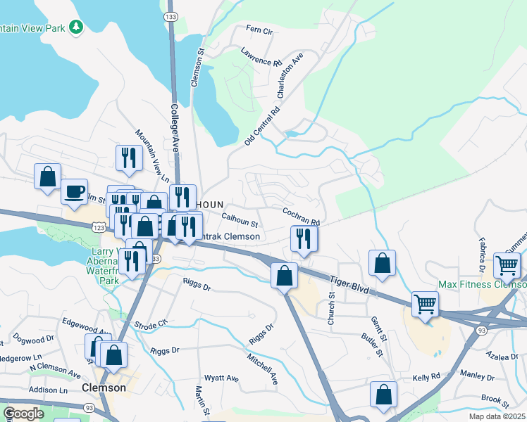 map of restaurants, bars, coffee shops, grocery stores, and more near 110 Cochran Road in Clemson