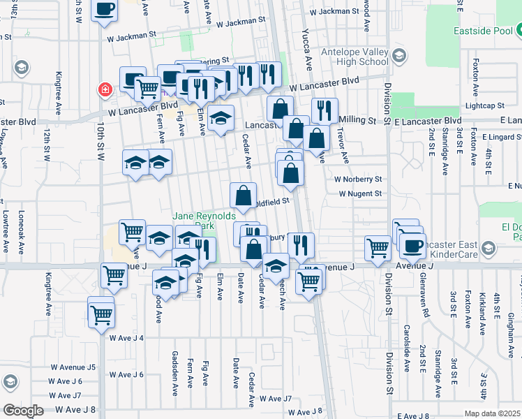 map of restaurants, bars, coffee shops, grocery stores, and more near 44544 Cedar Avenue in Lancaster