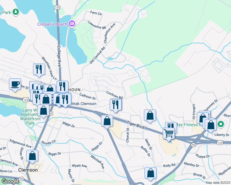 map of restaurants, bars, coffee shops, grocery stores, and more near 128 Cochran Road in Clemson