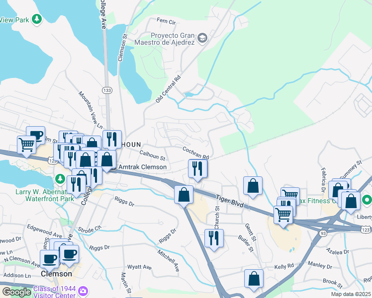 map of restaurants, bars, coffee shops, grocery stores, and more near 129 Cochran Road in Clemson