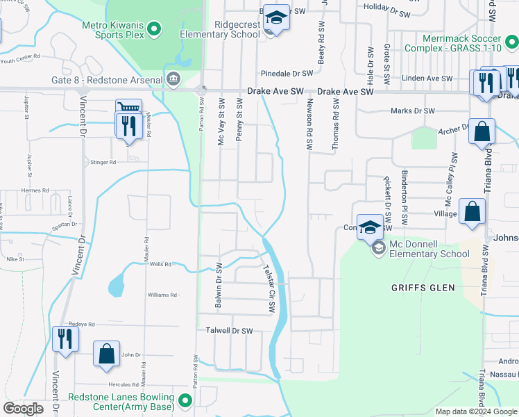map of restaurants, bars, coffee shops, grocery stores, and more near 3912 Tulip Lane Southwest in Huntsville