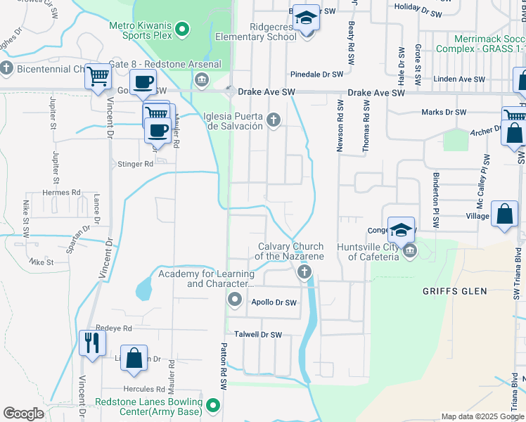 map of restaurants, bars, coffee shops, grocery stores, and more near 4101 Broyles Avenue Southwest in Huntsville