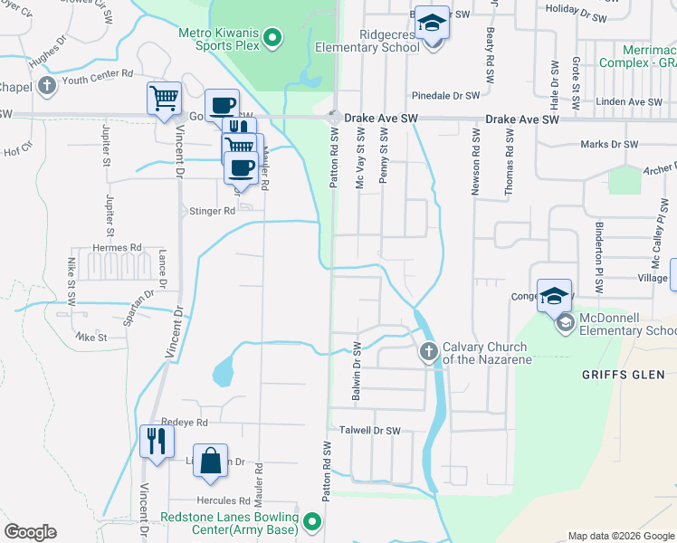 map of restaurants, bars, coffee shops, grocery stores, and more near 4109 Broyles Avenue Southwest in Huntsville