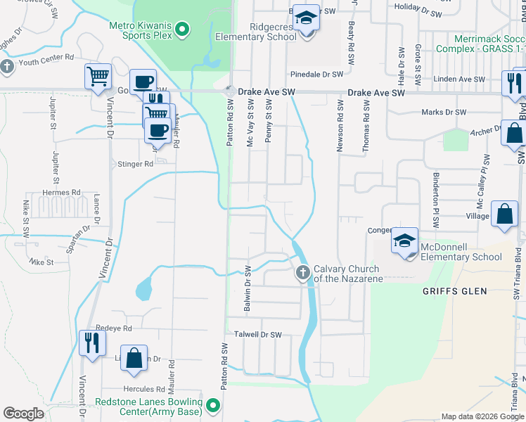 map of restaurants, bars, coffee shops, grocery stores, and more near 4200 Penny Street Southwest in Huntsville
