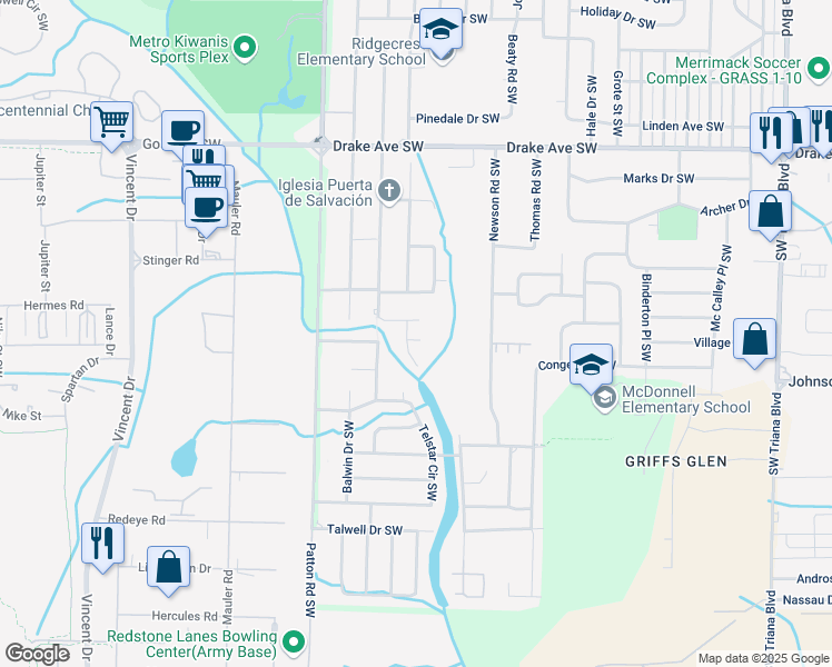map of restaurants, bars, coffee shops, grocery stores, and more near 3912 Tulip Lane Southwest in Huntsville