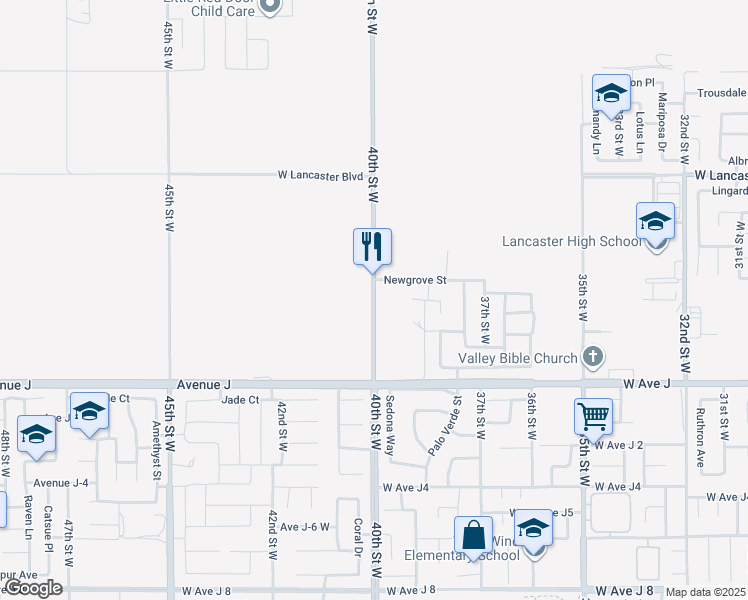 map of restaurants, bars, coffee shops, grocery stores, and more near 40th Street West in Lancaster