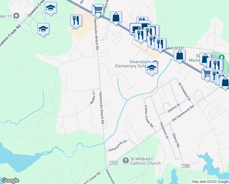map of restaurants, bars, coffee shops, grocery stores, and more near 118 Forest Lane in Swansboro