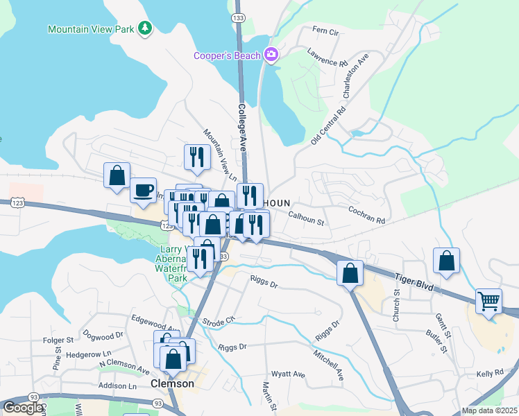 map of restaurants, bars, coffee shops, grocery stores, and more near 102 Clemson Street in Clemson