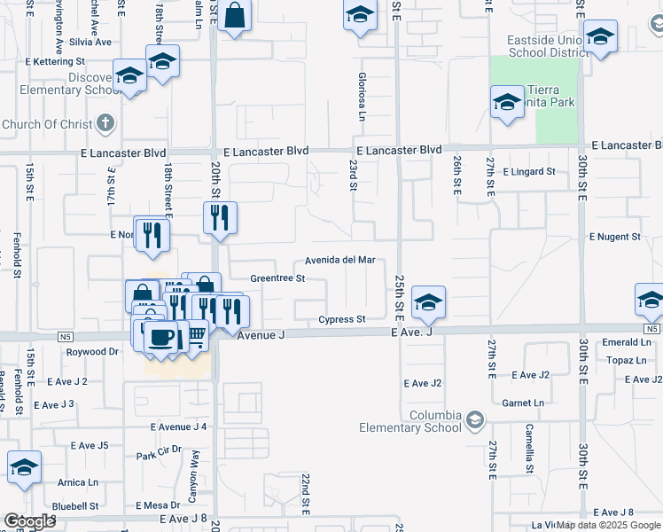 map of restaurants, bars, coffee shops, grocery stores, and more near 2234 Avenida del Mar in Lancaster