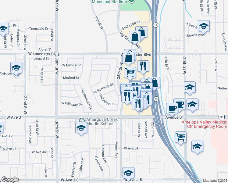 map of restaurants, bars, coffee shops, grocery stores, and more near 44543 Tarragon Drive in Lancaster