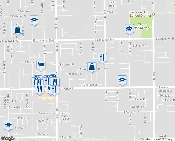 map of restaurants, bars, coffee shops, grocery stores, and more near 2234 Avenida del Mar in Lancaster