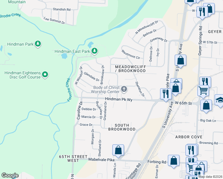 map of restaurants, bars, coffee shops, grocery stores, and more near 32 Windsor Drive in Little Rock