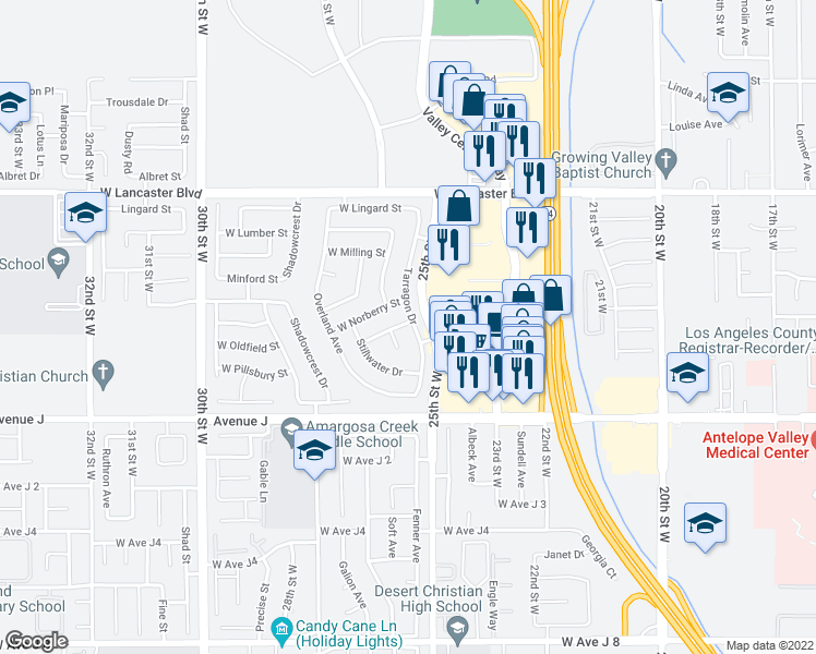 map of restaurants, bars, coffee shops, grocery stores, and more near 44543 Tarragon Drive in Lancaster