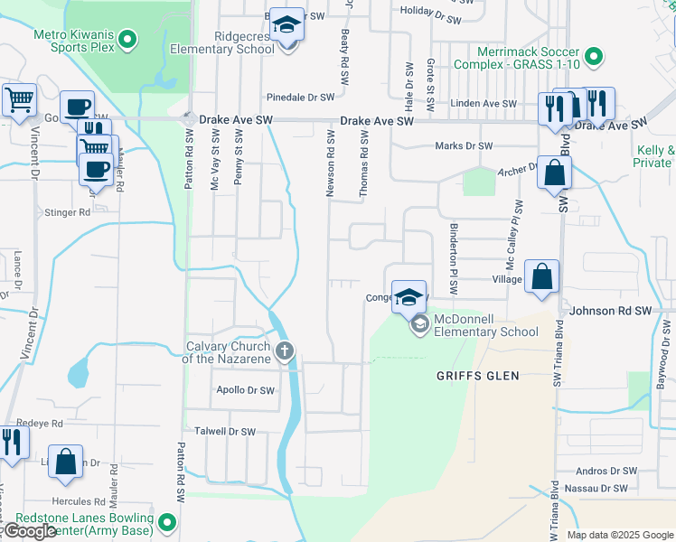 map of restaurants, bars, coffee shops, grocery stores, and more near 4121 Newson Road Southwest in Huntsville