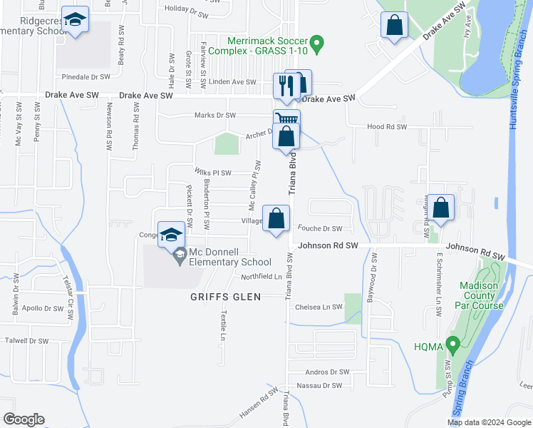 map of restaurants, bars, coffee shops, grocery stores, and more near 3208 Village Drive Southwest in Huntsville
