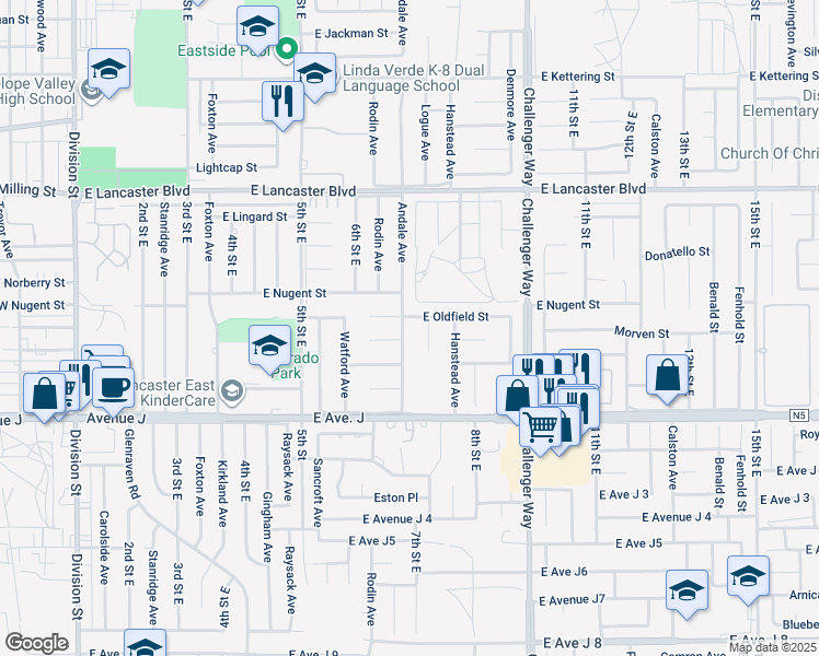 map of restaurants, bars, coffee shops, grocery stores, and more near 44532 Andale Avenue in Lancaster