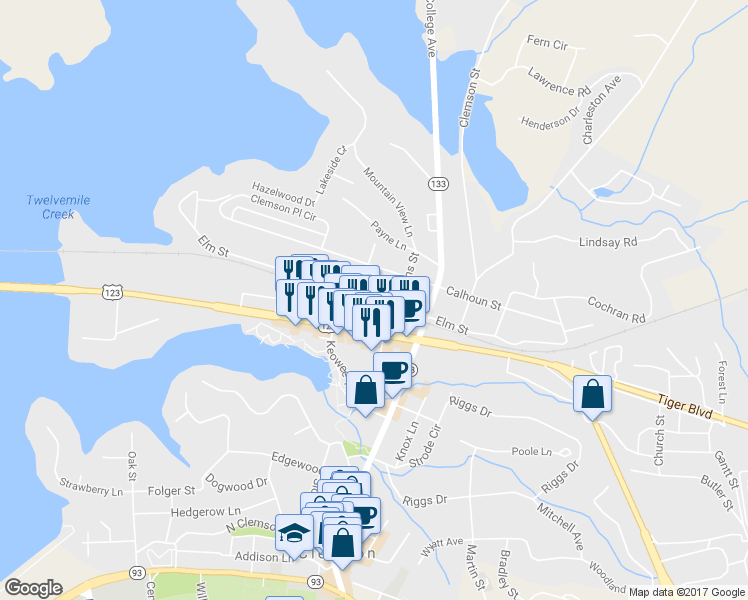 map of restaurants, bars, coffee shops, grocery stores, and more near 185 Elm Street in Clemson
