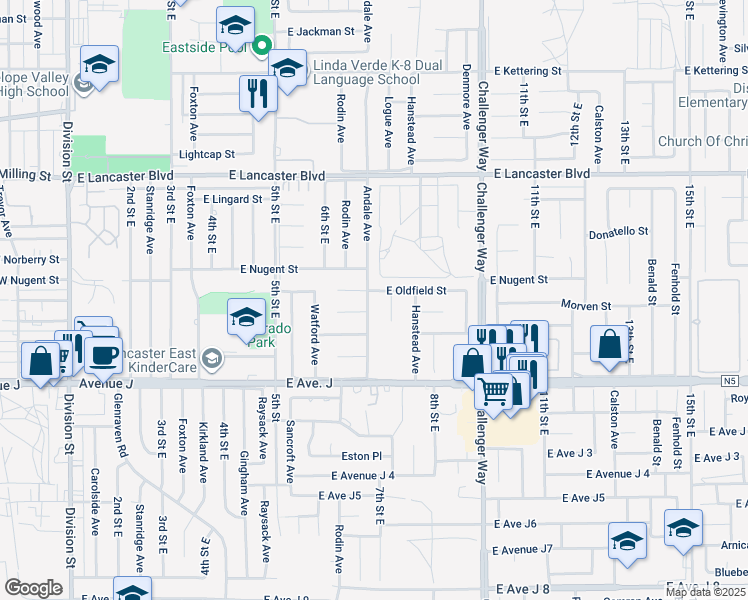 map of restaurants, bars, coffee shops, grocery stores, and more near 44532 Andale Avenue in Lancaster