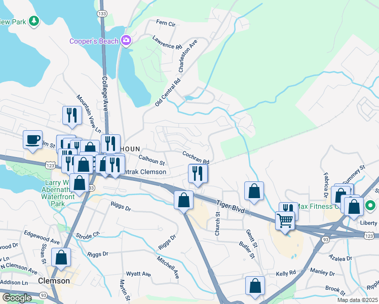 map of restaurants, bars, coffee shops, grocery stores, and more near 128 Cochran Road in Clemson