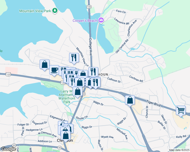 map of restaurants, bars, coffee shops, grocery stores, and more near 600 College Avenue in Clemson
