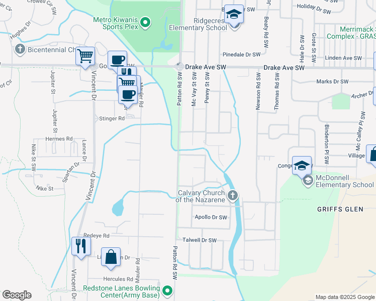 map of restaurants, bars, coffee shops, grocery stores, and more near 4109 Broyles Avenue Southwest in Huntsville