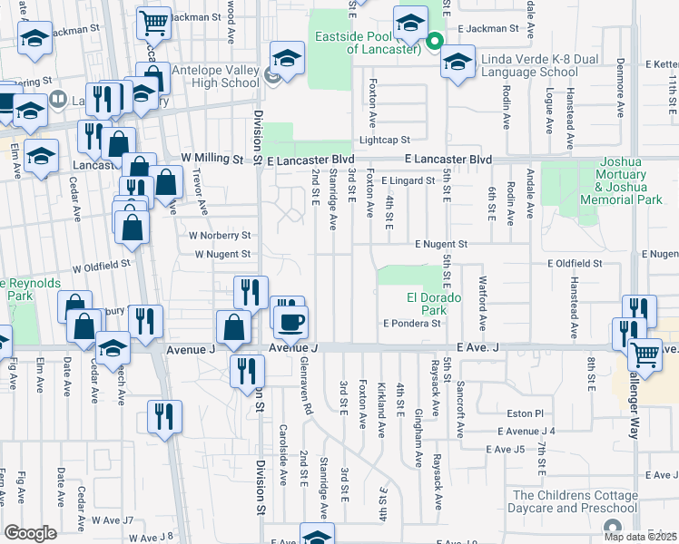 map of restaurants, bars, coffee shops, grocery stores, and more near 44538 Stanridge Avenue in Lancaster