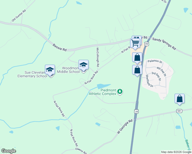 map of restaurants, bars, coffee shops, grocery stores, and more near 320 North Flat Rock Road in Piedmont