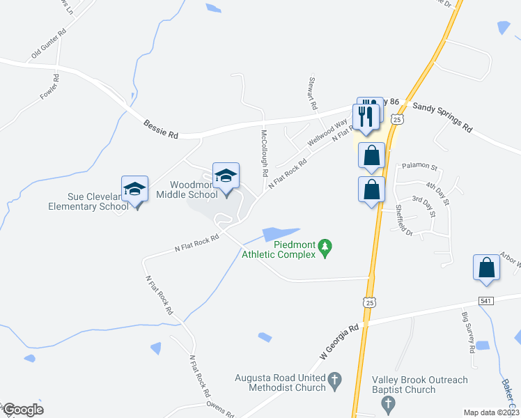 map of restaurants, bars, coffee shops, grocery stores, and more near 320 North Flat Rock Road in Piedmont