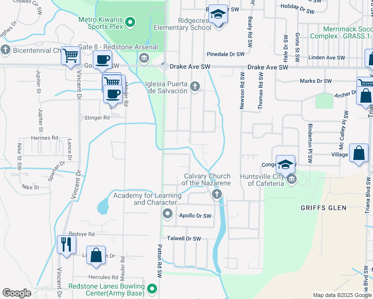 map of restaurants, bars, coffee shops, grocery stores, and more near 4100 Broyles Avenue Southwest in Huntsville