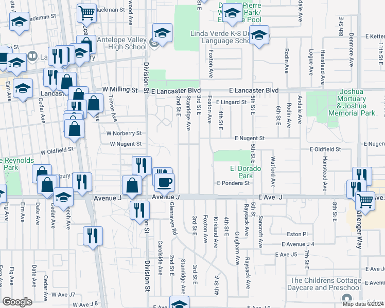 map of restaurants, bars, coffee shops, grocery stores, and more near 44538 Stanridge Avenue in Lancaster