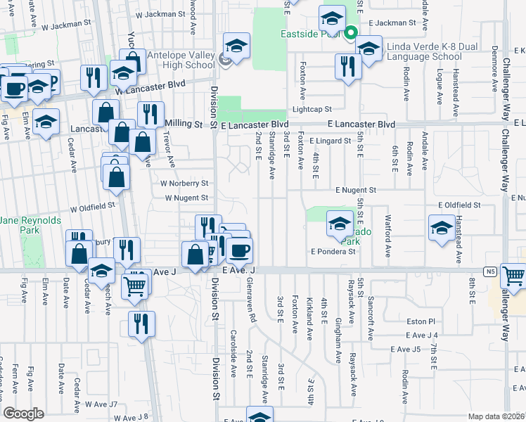 map of restaurants, bars, coffee shops, grocery stores, and more near 44527 2nd Street East in Lancaster