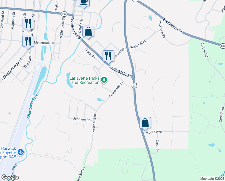 map of restaurants, bars, coffee shops, grocery stores, and more near 711 Foster Mill Drive in LaFayette