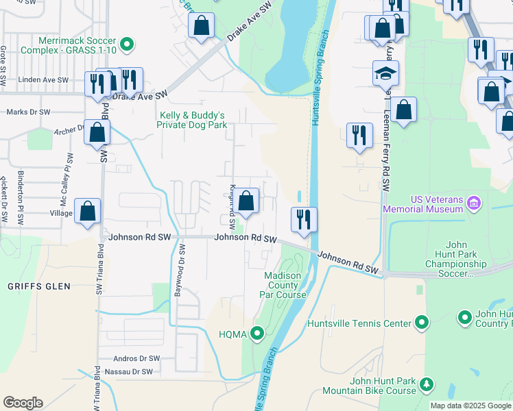 map of restaurants, bars, coffee shops, grocery stores, and more near 4401 Spartacus Drive in Huntsville