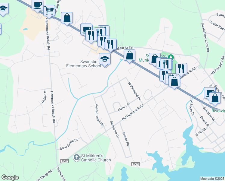 map of restaurants, bars, coffee shops, grocery stores, and more near 407 South Holly Lane in Swansboro