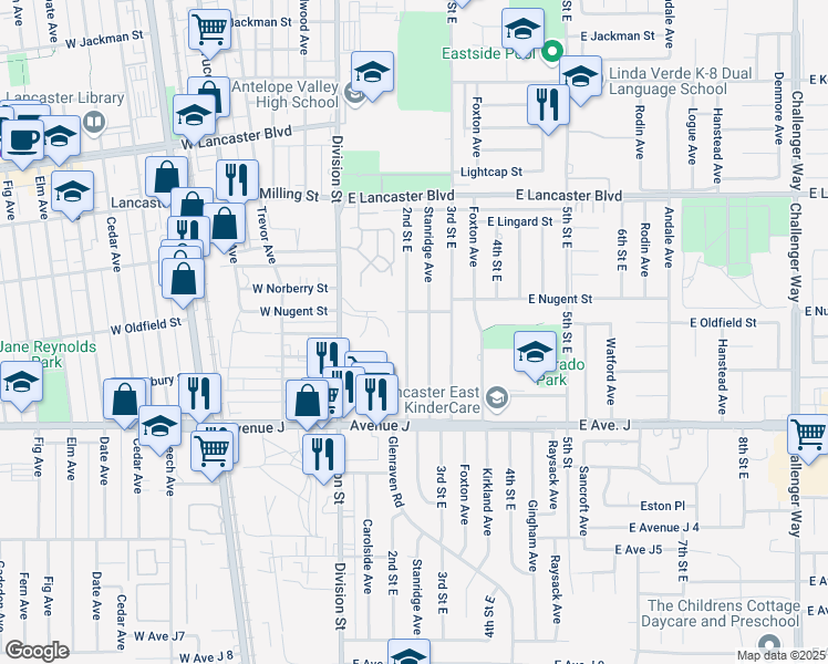 map of restaurants, bars, coffee shops, grocery stores, and more near 44538 2nd Street East in Lancaster