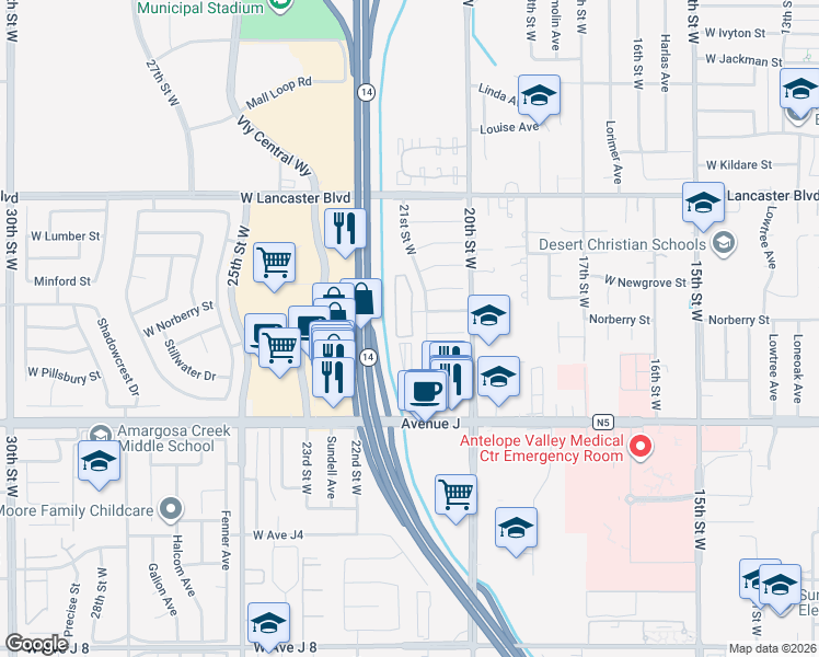 map of restaurants, bars, coffee shops, grocery stores, and more near 2103 West Avenue J in Lancaster