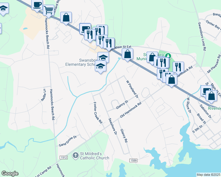 map of restaurants, bars, coffee shops, grocery stores, and more near 813 South Dogwood Lane in Swansboro