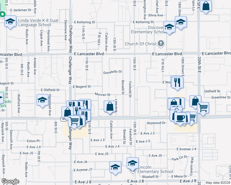 map of restaurants, bars, coffee shops, grocery stores, and more near 44520 Calston Avenue in Lancaster