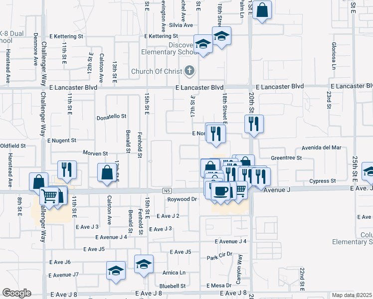 map of restaurants, bars, coffee shops, grocery stores, and more near 1628 Cactus Drive in Lancaster