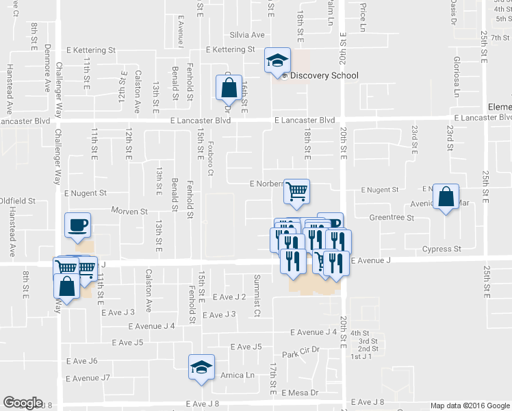map of restaurants, bars, coffee shops, grocery stores, and more near 1628 Cactus Drive in Lancaster