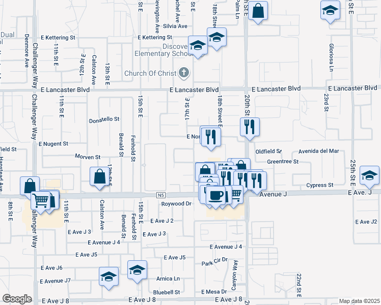 map of restaurants, bars, coffee shops, grocery stores, and more near 1647 Orchid Lane in Lancaster