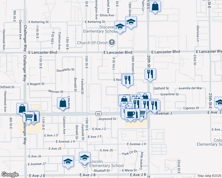 map of restaurants, bars, coffee shops, grocery stores, and more near 1647 Orchid Lane in Lancaster