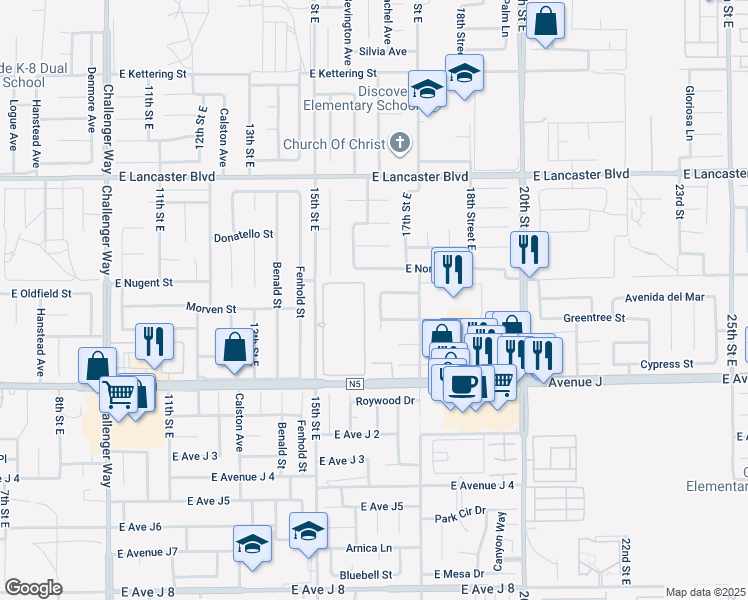 map of restaurants, bars, coffee shops, grocery stores, and more near 44523 16th Street East in Lancaster