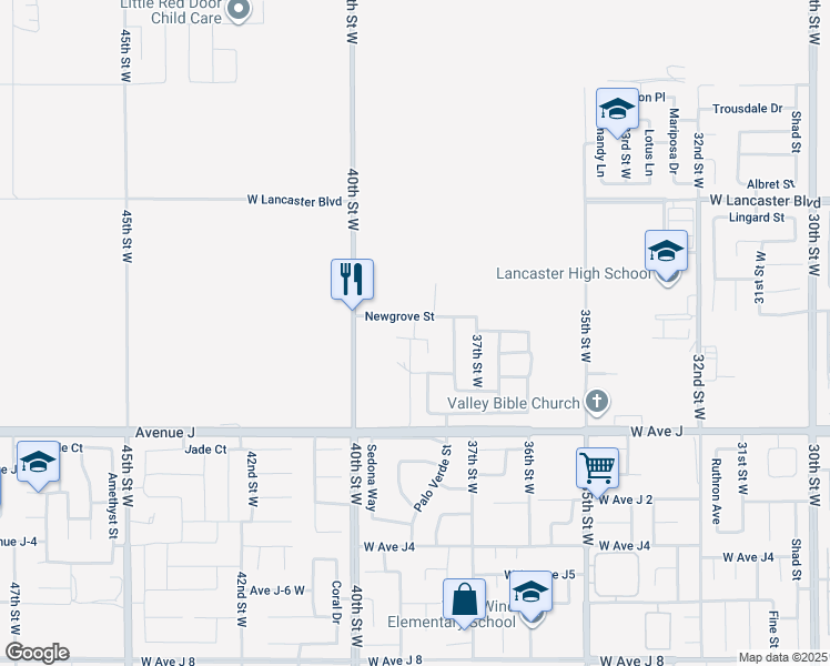 map of restaurants, bars, coffee shops, grocery stores, and more near 38th Street West in Lancaster